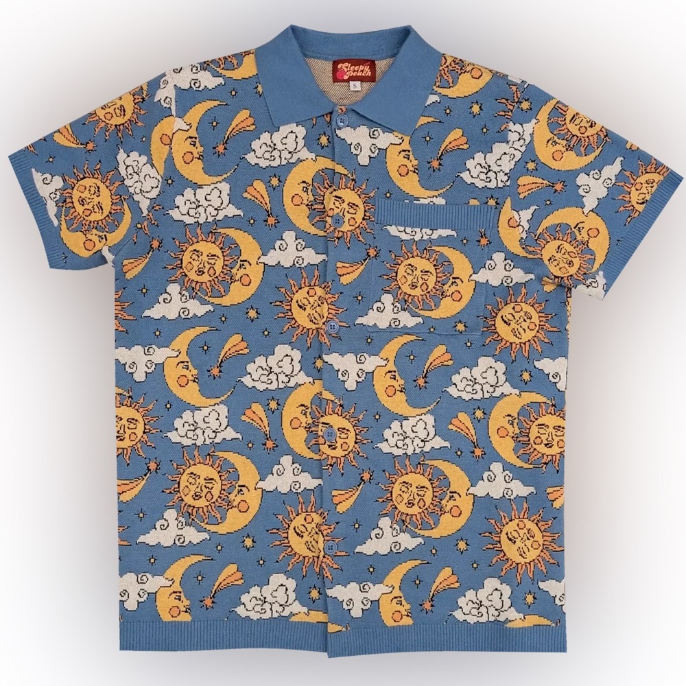 Sleepy Peach knit suns & moons button down shirt short sleeve polo collar tee
